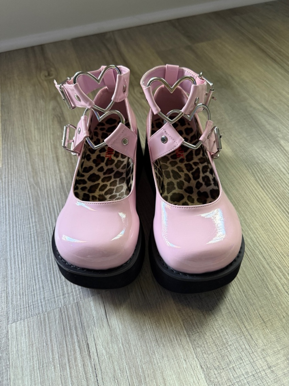 Demonia Pink Patent Platform Mary Janes with Heart Buckles